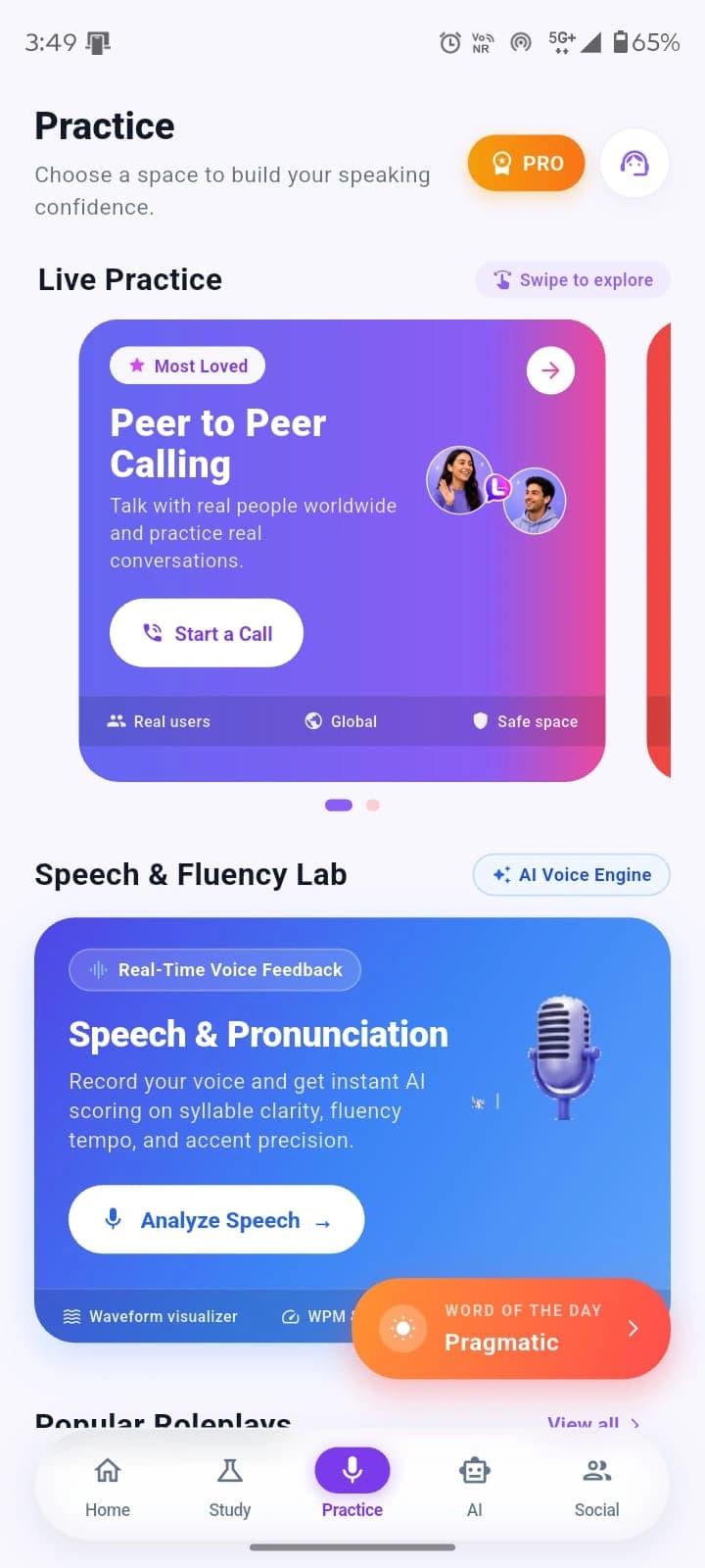 Lingro English speaking practice app showing AI conversation and speech feedback
